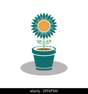 Minimalist flat vector illustration of a sunflower in a green ceramic pot isolated on a white background for gardening themes Stock Vector