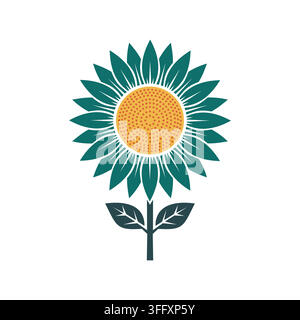 Stylized Sunflower Vector Illustration with Teal Petals and Yellow Seed Center Isolated on White Background for Floral Graphic Design Stock Vector