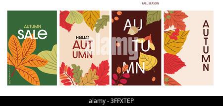 Collection of fall foliage posters featuring expressive leaf silhouettes in burnt orange, forest green and soft peach, arranged in a contemporary flat Stock Vector