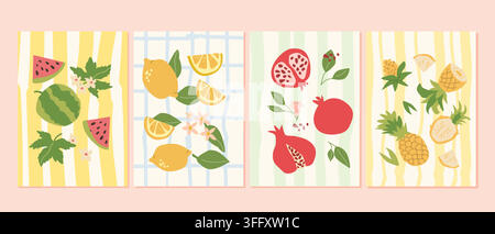 Summer stripe posters set with mediterranean fruits. Watermelon, lemon, pomegranate and pineapple on blue, yellow and green stripes. Hand drawn illust Stock Vector