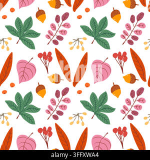 Square White Pattern - Collection of stylized fall foliage with overlapping Chestnut and linden leaves in cool pink, emerald, orange tinted yellow, cr Stock Vector