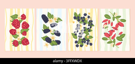 Modern Mediterranean berry poster featuring raspberries, blackcurrants, blackberries, gooseberries and barberries arranged on a contemporary checked b Stock Vector