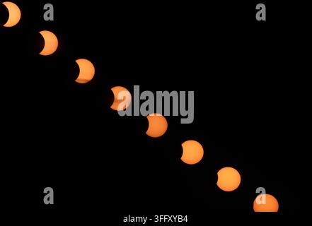 composite image of the Partial Solar Eclipse on 12th August 2026 as seen at Hunstanton, Norfolk, United Kingdom, 12 August 2026 Stock Photo