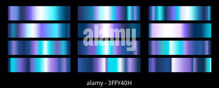 Set of blue and purple metallic gradients. Vector collection of vibrant colorful chrome palettes. Vector illustration Stock Vector