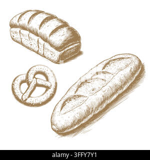 bread, baguette and pretzel, vector illustration. a set of bakery products for bakeries, restaurant menus, organic food packaging, retro label design Stock Vector