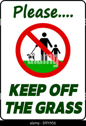 Please, keep off the grass. Notice sign with ban symbol, pictograms of person,child and dog on the grass. Text below. Stock Vector