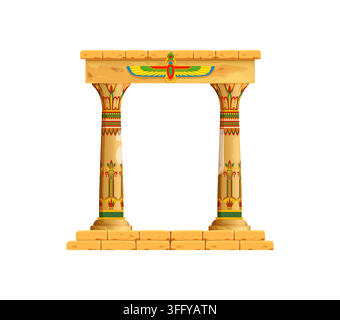 Ancient Egyptian decorated sandstone temple portal with painted papyrus capital columns and lintel with a winged scarab. Egypt temple pillar arch, game asset, old architecture and ritual entrance Stock Vector