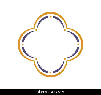Asian Japanese floral frame design element, oriental ornament border with four rounded petals and decorative curved lines. Vector flower shape for Japan culture, banner, label, holiday, festival decor Stock Vector