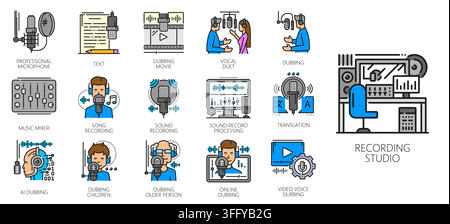 Audio and video dubbing, sound and music record vector icons and pictograms set. Color line microphones, music mixer and sound recording studio, speakers and singers in headphones isolated icons Stock Vector