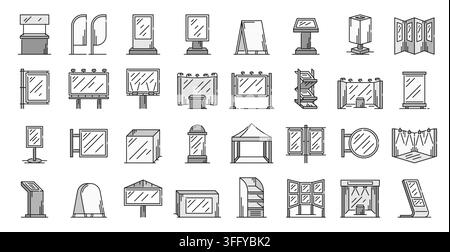 Stand display and billboard line vector icons set. Billboards and trade show stands, roll up banner and light posters, kiosk, exhibition booth and tent with product display pedestal outline icons Stock Vector