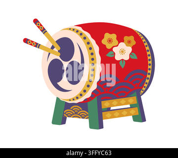 Japanese taiko drum with drumsticks, floral ornament and traditional wave pattern. Vector icon of Japanese musical instrument, festival music, Japan culture, holiday, travel and Asian tradition Stock Vector