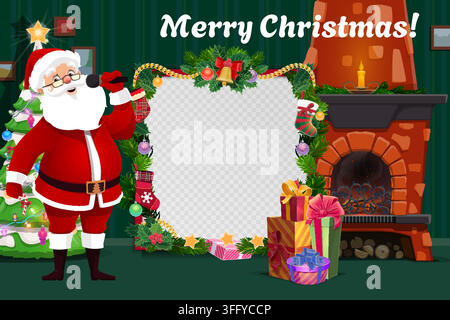Christmas photo frame template featuring Santa singing with microphone by a tree in cozy home with fireplace and gifts. Cartoon border with stockings, stars, pine branches, golden bell, and mistletoe Stock Vector