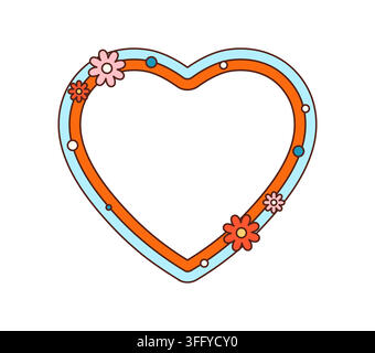 Retro Y2K heart shaped groovy wavy frame, cartoon hippie psychedelic wave border. 70s vector cute pop art funky background. Kid sticker template, vintage nostalgic banner with quirky flower pattern Stock Vector