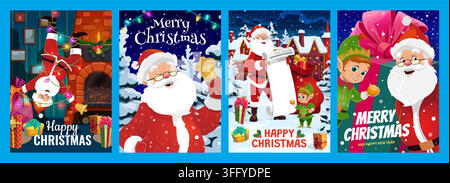 Merry Christmas greeting cards and posters with Santa character in festive scenes, upside near fireplace, smiling in snowy forest, reading list with elf in winter town. Vector happy holiday gift cards Stock Vector