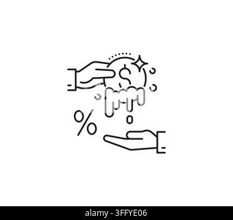 Outline AML icon with hands laundering dirty cash. Shining dollar coin with soap bubbles and percentage symbol for anti money laundering compliance graphics and regulatory training presentations Stock Vector
