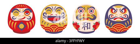 Daruma dolls with happy, wink and angry face expression. Japanese New Year talisman with red, gold, white and purple colors and flowers pattern. Traditional symbols of luck, health, harmony and wealth Stock Vector