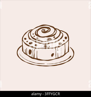 A bun on a plate. Cinnabon. Isolated vector illustration of a sweet treat. Hand-drawn vintage sketch of a pastry. Stock Vector
