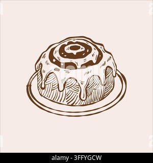 Cinnabon. Cinnamon roll. Isolated vector outline illustration of the pastry. Hand-drawn vintage linear sketch of a homemade baked treat. Stock Vector