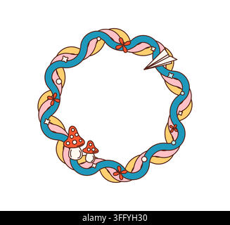 Cartoon retro groovy round frame woven from twisting blue, pink and yellow ribbons. Psychedelic wave border decorated with red mushrooms, paper airplane, flowers and stars for Y2K party invitations Stock Vector