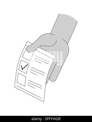 African american hand holding check marked election ballot black and white cartoon clipart Stock Vector