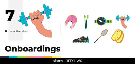 Fitness sports nutrition and workout equipment 2D cartoon clip art pack Stock Vector