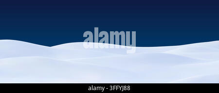 Realistic winter 3d snow landscape, snowy land background with white snowy terrain and rolling hills. Natural soft layered snowdrifts under dark blue night sky. Calm winter bg, for cold holiday season Stock Vector