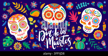 Day of the Dead and Dia de Los Muertos Mexican holiday banner with skulls and flowers. Day of the Dead greeting card with Mexican colorful ornament of calavera skulls and tropical plants with tacos Stock Vector