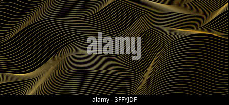 Luxury golden line wave flow, abstract elegant wavy luxury background with flowing gold layered waves on black surface. Gradient wavy pattern bg with dynamic curves, fluid movement premium texture Stock Vector