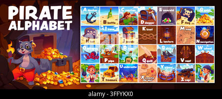Kids flash cards with pirate alphabet and corsair characters. Vector educational ABC letters, numbers, treasure symbols and ships. Cartoon Caribbean typography for children learning school activity Stock Vector
