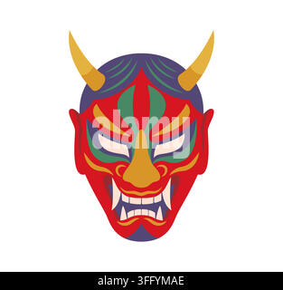Japanese Hannya demon mask with horns, fangs and fierce red face with traditional painted ornament. Vector icon of Noh theater, Japanese folklore, oni spirit, festival, culture and ancient legend Stock Vector