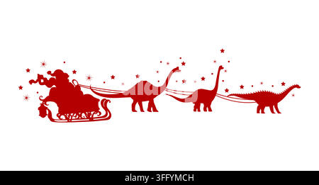 Santa sleigh with dinosaurs and stars around. Traditional winter Christmas night scene. Red shadow silhouette of Saint Nicholas character riding in his sled pulled by playful prehistoric dino animals Stock Vector