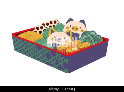 Japanese kids bento lunch box food, meal lunchbox. Vector kawaii container or plastic tray packed with cute rice healthy sushi animals, egg, cucumber and fun snack for school student children in Japan Stock Vector