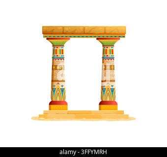 Ancient Egyptian temple arch columns with painted lotus capitals, stone architrave and stepped base, hieroglyph, and ankh symbols ornament. Desert monument pillar asset for history archaeology game Stock Vector