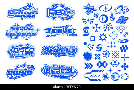 Blue y2k streetwear label elements and icons. Abstract retro signs set with vector geometric shapes, aesthetic stars, space planets and globes. Futuristic labels with techno rave y2k minimal pattern Stock Vector