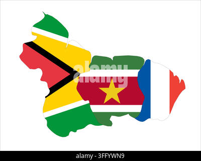 Flag map outline shape of The Guianas - Guyana, Suriname and French Guiana. Flags of countries fill the shapes with their colors. Symbol of regional cooperation, identity and partnership Stock Vector