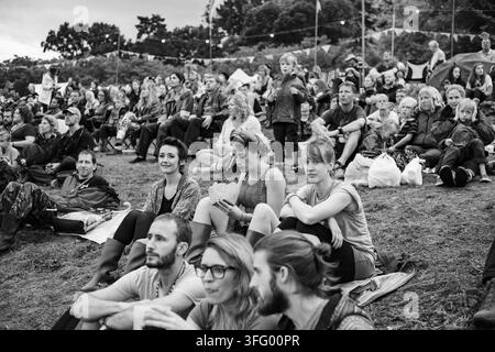 CROWD WATCHING FROM A GRASSY BANK IN BLACK AND WHITE, REPORTAGE, GREEN MAN FESTIVAL 2015, BRECON, WALES, UK, 2015: A large, diverse crowd of people of all ages sits together on a grassy bank to watch a performance at an outdoor summer festival, in black and white. Photo: Rob Watkins. INFO: The Green Man Festival is held annually in the Brecon Beacons in August. It celebrates alternative music, arts, literature, science and family-friendly culture in a beautiful mountain setting. The 2015 event started sunny but turned muddy with overnight rain on the final two days. Stock Photo