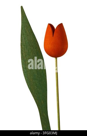 carved wooden orange tulip with green leaf isolated on white background Stock Photo