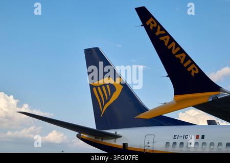 ryanair logo on tailplane and winglet of boeing 737 max 8-200 aircraft dublin airport, dublin, republic of ireland Stock Photo