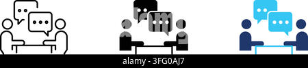 Business meeting conversation icon set. Table discussion, consultation, and speech bubble symbol. Simple pictogram for interview, negotiation Stock Vector