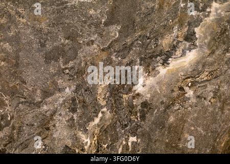 Mottled Natural Stone Surface with White Mineral Veins. Close view of a mottled brown and gray natural stone surface with pale mineral veins, rough Stock Photo