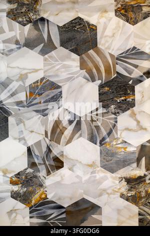 Hexagonal Marble Mosaic with Botanical Patterns. Hexagonal mosaic tiles with marble textures, leaf motifs, and neutral geometric patterns. Stock Photo