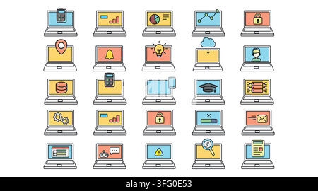 Big set of 25 laptop computer vector icons. Black line art with colorful offset fill style on white background. Stock Vector