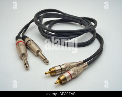 Audio Cable with Jack and RCA Connectors - A black audio cable with 1/4 inch jack and RCA connectors on a clean white background, ideal for sound syst Stock Photo