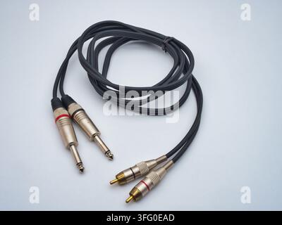 Audio Cable with Jack and RCA Connectors - A black audio cable with 1/4 inch jack and RCA connectors on a clean white background, ideal for sound syst Stock Photo