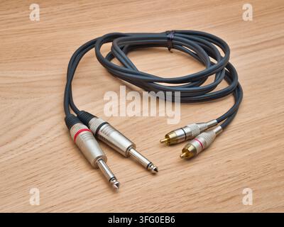 Audio Cable with Jack and RCA Plugs - A black audio cable featuring both 1/4 inch jack and RCA phono connectors rests on a light wooden background. Stock Photo