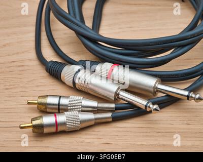 Audio Cable with Jack and RCA Plugs - A black audio cable featuring both 1/4 inch jack and RCA phono connectors rests on a light wooden background. Stock Photo