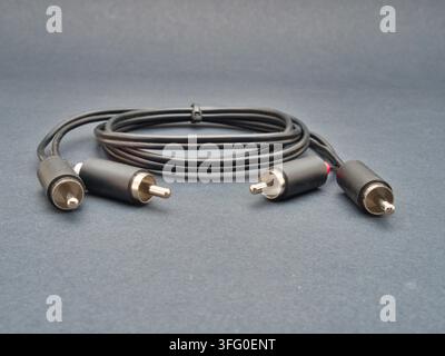 RCA Audio Cable on Dark Background - A black stereo RCA audio cable with red and white connectors is neatly coiled and secured on a dark gray surface. Stock Photo
