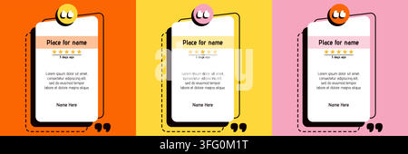 Testimony layout template pack. It has a quote bubble, star rating, and space for a name, a clean UI piece for reviews. Stock Vector