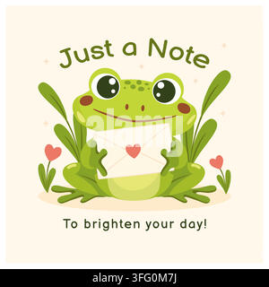 Valentine s Day illustration a cute green frog with a letter background with flowers and leaves. Stock Vector