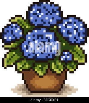 Pixel art potted hydrangea with blue blossoms and green leaves in terracotta pot, isolated Stock Vector
